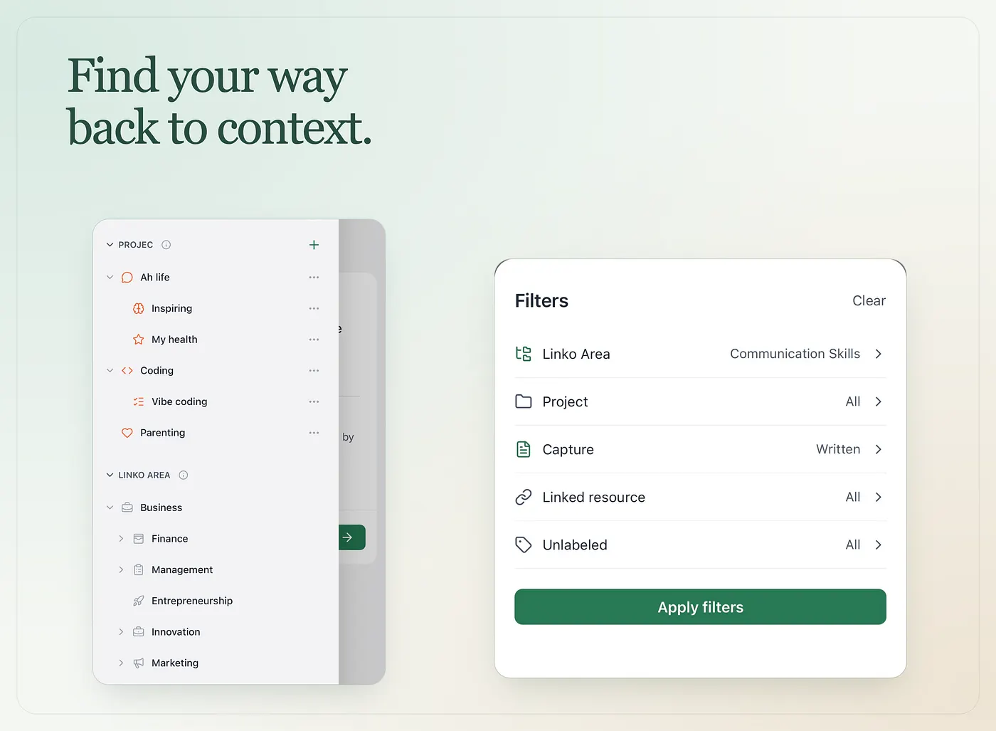 Filters for notes and resources